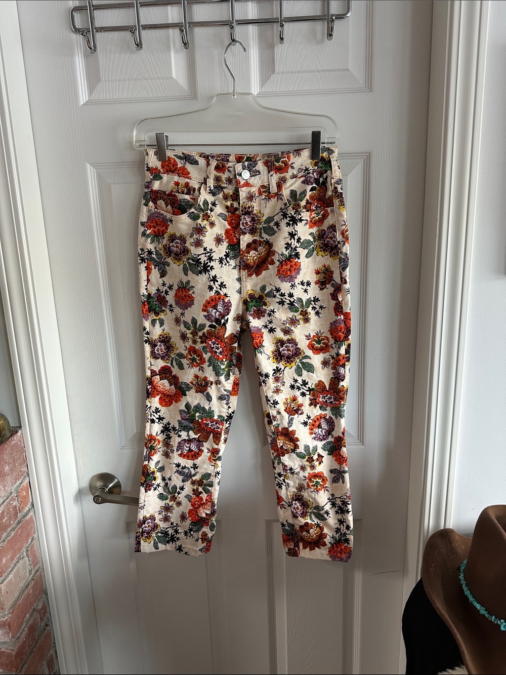Anthropologie Floral Cropped Pants in Cream with Orange, Purple & Yellow Accents